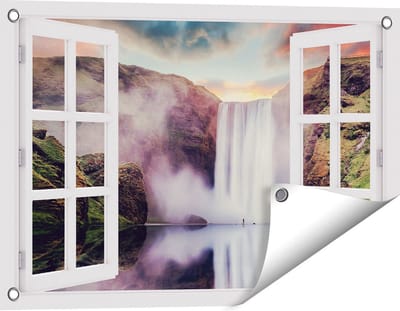 Gards Tuinposter Doorkijk Waterval met een Weerspiegeling in het Water - 60x40 cm - Tuindoek - Tuindecoratie - Wanddecoratie buiten - Tuinschilderij