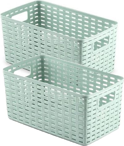 3x stuks rotan gevlochten opbergmand/opbergbox kunststof - Mintgroen - 15 x 28 x 13 cm - Kast mandjes
