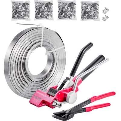 VEVOR 4-delige stalen omsnoeringsset, handmatig omsnoeringsgereedschap met 122 m metalen omsnoeringsband, 400 metalen clips en een snijder, perfecte werkplaatsuitrusting voor industriële verpakking, transport en opslag.