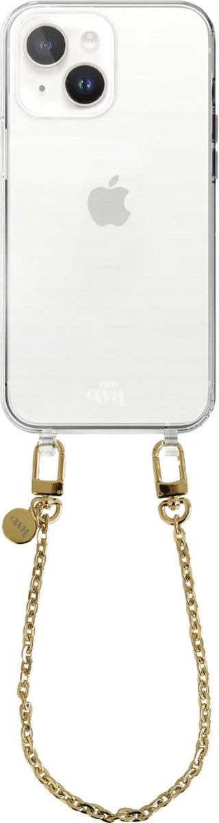 xoxo Wildhearts siliconen hoesje - Geschikt voor iPhone 15 Plus - Dreamy - Telefoonhoesje - Hoesje met koord - Gouden ketting - kort telefoonkoord - Transparant hoesje (korte variant)