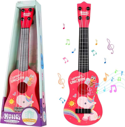 Kindergitaar Speelgoed - Muziek instrument - Muziek Ontdekken - 4 Verstelbare Snaren - 42 cm - Roze