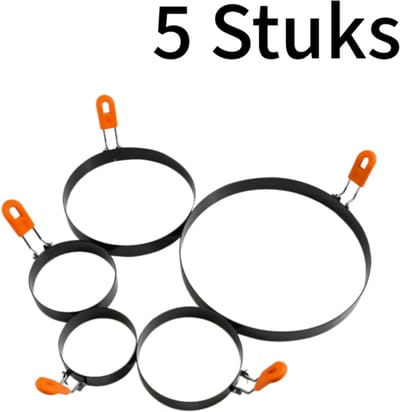 5 stuks - Ei-vormpjes set - Spiegelei ringen - Geschikt voor anti-aanbaklaag - Versterkt roestvrij staal - Hittebestendige siliconen handgreep - 5 verschillende maten - RVS kleur