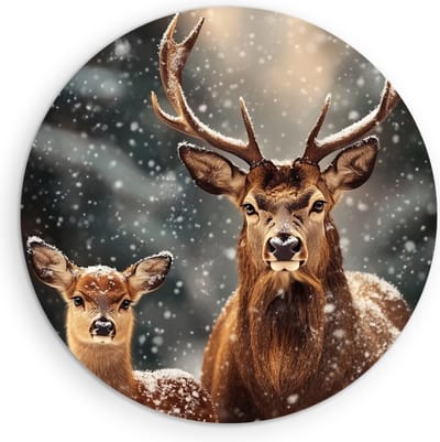 Saammp Muurcirkel Hout - herten familie in de sneeuw - Natuur - Dieren - Ø 90 - Wandcirkel - Wanddecoratie Cirkel - Muurdecoratie Woonkamer - Slaapkamer decoratie - Rond Schilderij