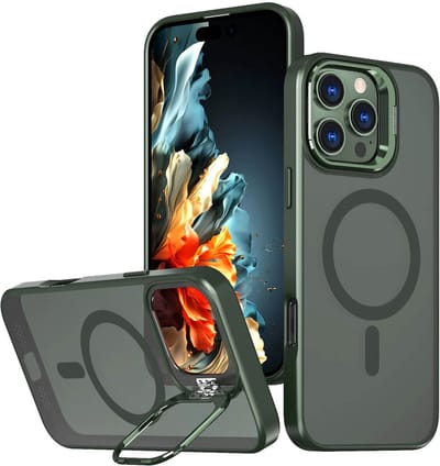 IYUPP Hoesje geschikt voor iPhone 16 Pro Hoesje - Geschikt voor MagSafe - Kickstand Magnetisch Back Cover - Groen