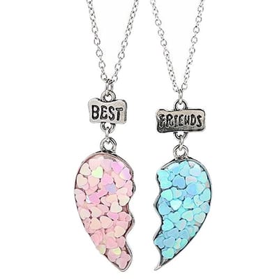 Fako Bijoux® - Vriendschapsketting - Hartjes - Glitter Acryl - Best Friends - Blauw/Roze