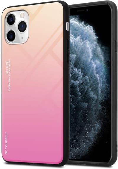 Cadorabo Hoesje geschikt voor Apple iPhone 11 PRO in GEEL - ROZE - Tweekleurige beschermhoes van TPU-silicone Case Cover en achterzijde van gehard glas
