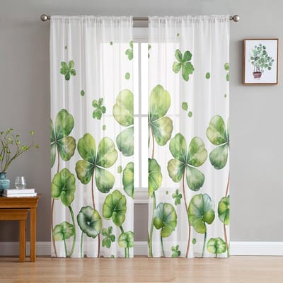 Zomerplanten Klavertjevier Groen Aquarel Transparant Raamgordijn Tule Gordijnen voor Woonkamer Huisdecoratie Voile Gordijnen 135W x 114H(cm) white