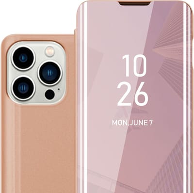Cadorabo Hoesje geschikt voor Apple iPhone 14 PRO MAX in KUNZIET ROZE - Clear View Spiegel Beschermende Case met Tribunefunctie 360 Graden Bescherming Book Case Cover Etui