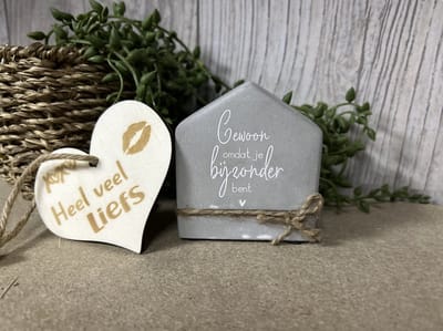 Creaties van Hier – Cement house Je bijzonder bent met houten hartje - 8 cm – Cement