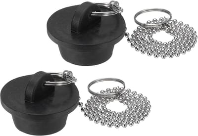 QUARKZMAN 2 stuks badstoppers, rubberen stop 3-1/8 cm, afvoerstop voor keukenspoelbak, afvoerstop voor badkamer met trekring en ketting met kralen van roestvrij staal, 38 cm, zwart