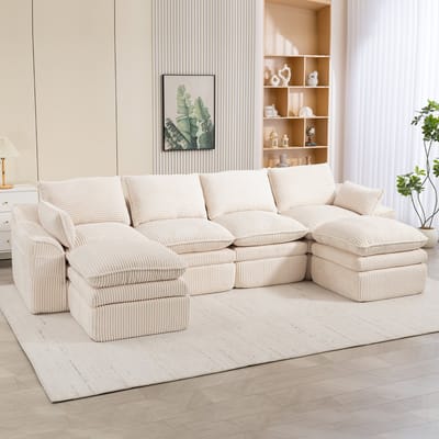 Wishdor - Modulaire 4-Zitsbank Met 2 Poefs En Zijvakken - 3-Laags Schuim Met Verenkern - Voor Woonkamer - Ribstof - Beige