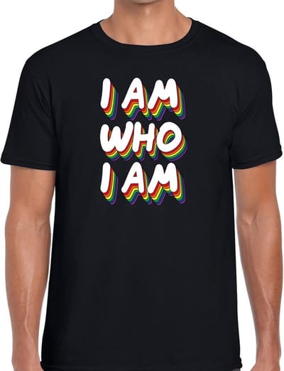 I am who i am - gaypride t-shirt zwart 3D regenboog tekst voor heren - Gay pride kleding S