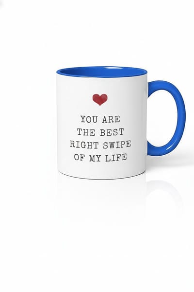 Romantische Mok 'The Best Right Swipe Of My Life' - Liefdescadeau met Blauwe Binnenkant en Oor