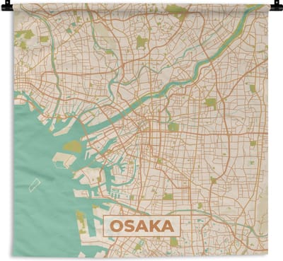 Wandkleed - Wanddoek - Kaart - Osaka - Stadskaart - Vintage - Plattegrond - 180x180 cm - Wandtapijt