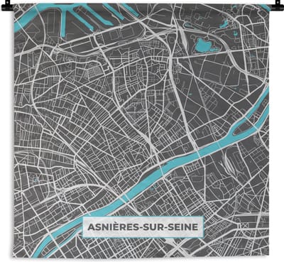 Wandkleed - Wanddoek - Stadskaart – Frankrijk – Kaart – Asnières-sur-Seine – Plattegrond - 180x180 cm - Wandtapijt
