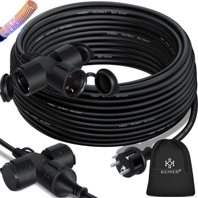 KESSER® Verlengkabel 25 meter met 3x stekkerdoos voor binnen en buiten IP44 - Verlengsnoer met Stekker