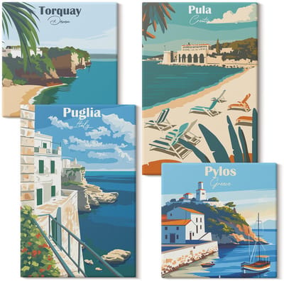 Wallfluent Set van canvas schilderijen - Schilderachtige kustlandschappen van toeristische bestemmingen Canvas Schilderijen Set - Set van 4 Canvas Schilderijen - Veelkleurig Set van Canvas Prints - Landschappen Canvas Kunst Set