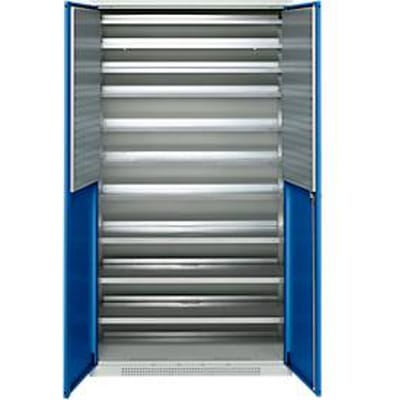 Schäfer Shop Genius tijdschriftenkast FS, 5 OH, afsluitbaar, 10 legborden, 2 geperforeerde legborden, tot 450 kg, B 1055 x D 520 x H 1950 mm, lichtgrijs/gentiaanblauw