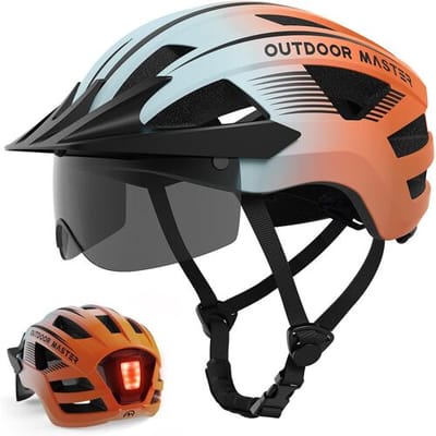 OutdoorMaster Fietshelm RhinoUrban met bril en licht, blauw-oranje verloop, maat M 54–58cm