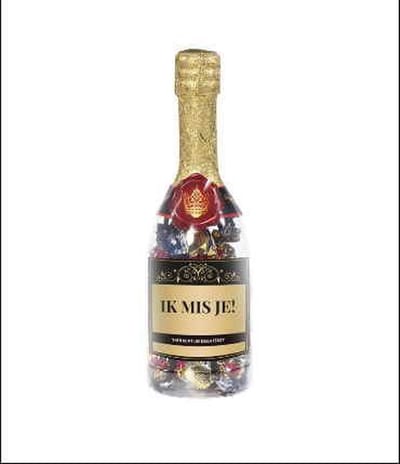 Drop - Champagnefles - Ik mis je - Gevuld met Drop - In cadeauverpakking met gekleurd lint