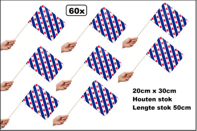 60x Luxe Zwaaivlaggetjes op stok Friesland 20cm x 30cm - lengte stok 50cm - Zwaai vlaggetjes Pompebled thema feest voetbal festival uitdeel