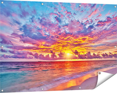 Gards Tuinposter Zonsondergang op het Strand in de Malediven - 120x80 cm - Tuindoek - Tuindecoratie - Wanddecoratie buiten - Tuinschilderij