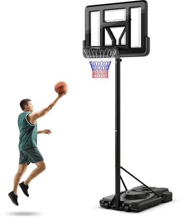COSTWAY Basketbalkorf voor buiten, basketbalstandaard, 170-305 cm, in hoogte verstelbaar, basketbalkorf met standaard en 2 wielen, mobiele basketbalinstallatie met balopslag, mandinstallatie voor