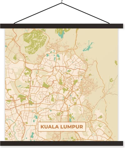 Posterhanger incl. Poster 60x60 cm - Schoolplaat - Kuala Lumpur - Stadskaart - Plattegrond - Vintage - Kaart - Textielposter - Zwarte latten - Stadskaart