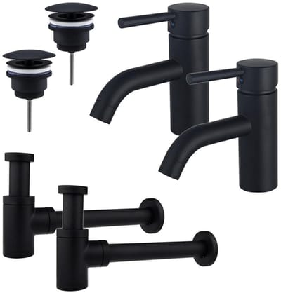 FugaFlow Eccelente Sobrado Badkamer Wastafelkraanset - voor dubbele wastafel - lage wastafelkraan - always open plug - verlaagde design sifon - Mat zwart