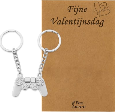 Koppel Sleutelhanger voor 2 'Fijne Valentijnsdag' - Controller - Sleutelhanger set op Cadeau Kaartje - Zilverkleurig - Vriendschap of Relatie Symbool - Pax Amare