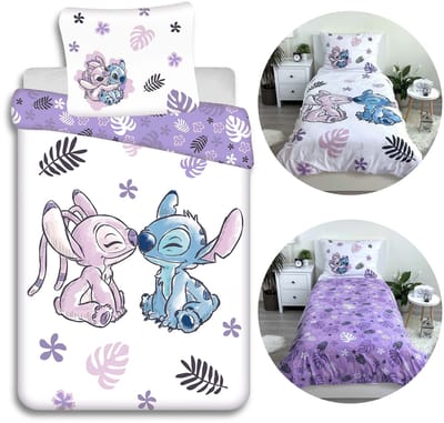DISNEY Stitch Omkeerbaar katoenen beddengoed, Kinderdekbedovertrek met rits, 100% katoen, 160x200 cm, OEKO-TEX