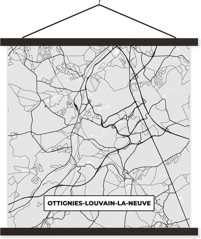Posterhanger incl. Poster 60x60 cm - Schoolplaat - Stadskaart – Zwart Wit - Kaart – Ottignies Louvain la Neuve – België – Plattegrond - Textielposter - Zwarte latten - Stadskaart