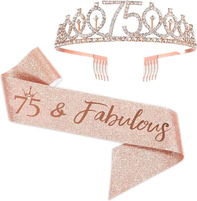 Snoes Chique 75 & Fabulous Kroon met Glitter Sjerp | Verjaardag versiering | Rose & Goud | Tiara volwassenen