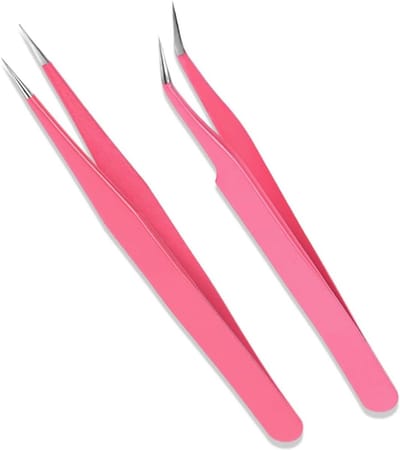 Professionele Rvs Wimperpincet Set - 2 Stuks met Rechte en Gebogen Punt voor Wimperextensions, Nagelkunst en DIY Projecten, Roze