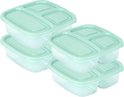 Plasticforte Vershoudbakje - 4x - 3-vaks - 1,2L - meal prep - herbruikbaar - mint groen - vaatwasser bestendig - magnetron bakjes