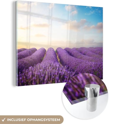 MuchoWow® Glasschilderij 40x30 cm - Schilderij acrylglas - Lavendel - Lucht - Wolken - Bloemen - Foto op glas - Schilderijen