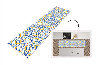 Keukenloper - Loper keuken - Bloem - Blauw - Geel - Tegels - Patronen - 200x50 cm - Keukenloper vinyl