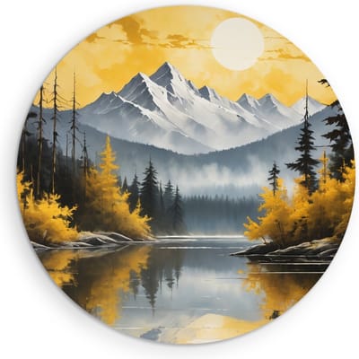 Saammp Muurcirkel Hout - Bergen met zon - Natuur - Landschap - Ø 90 - Wandcirkel - Wanddecoratie Cirkel - Muurdecoratie Woonkamer - Slaapkamer decoratie - Rond Schilderij