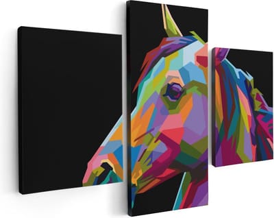Artaza Canvas Schilderij Drieluik Kleurrijke Paardenkop - Paard - Abstract - 90x60 cm - Wanddecoratie Woonkamer - Schilderijen - Muurdecoratie