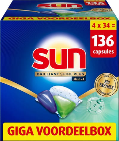 Sun - Vaatwascapsules - Brilliant Shine Plus - All-in 1 - met Bio-enzymentechnologie - 136 Vaatwastabletten - Voordeelverpakking