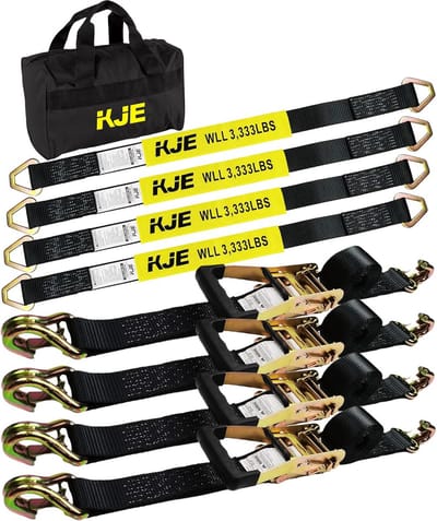 Zware Trailer Vastbindtouwen 4-Pack - 2" x 8' Rateltouwen + J-Haken met Clip, 2" x 36" Aasbanden - 10 lbs Breeksterkte - Voor Auto, Vrachtwagen, UTV Transport