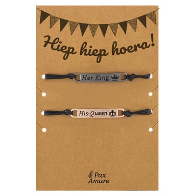 Vriendschapsarmbandjes voor 2 "Hiep Hiep Hoera" - Her King His Queen - BFF Armbandjes met Verjaardags Cadeau Kaartje - Zwart & Rosé Goud - Elastisch Verstelbaar - Pax Amare