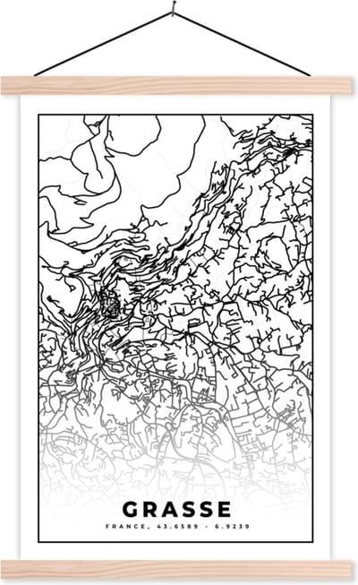 Posterhanger incl. Poster 40x60 cm - Schoolplaat - Frankrijk - Plattegrond - Grasse - Stadskaart - Kaart - Zwart wit - Textielposter - Blanke latten - Stadskaart