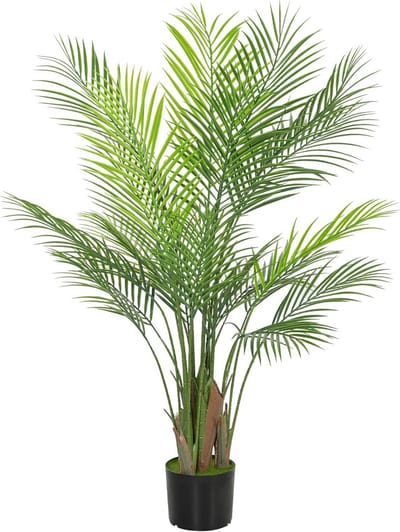 Kunstpalm 120 cm met 22 bladeren en geflokde pot - Realistische kunstplant voor binnen