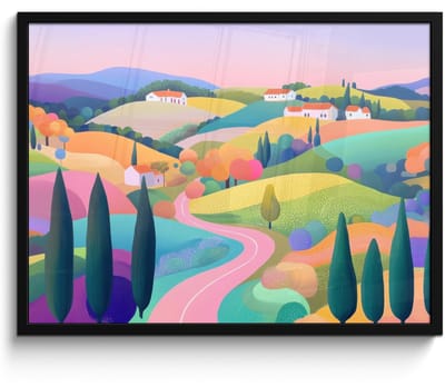 Poster in lijst - Fotolijst 70x50 cm - Posters - Landschap - Paars - Pastel - Huizen - Posterlijst zwart - Decoratie - Wanddecoratie woonkamer - Muurdecoratie slaapkamer