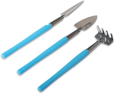 Dailygoods- Tuingereedschapsset 3-delig - Roestvrij Staal - Schep/Hark/Spade - Tuingereedschap voor Vetplanten - Lichtgewicht - Blauw/Roze
