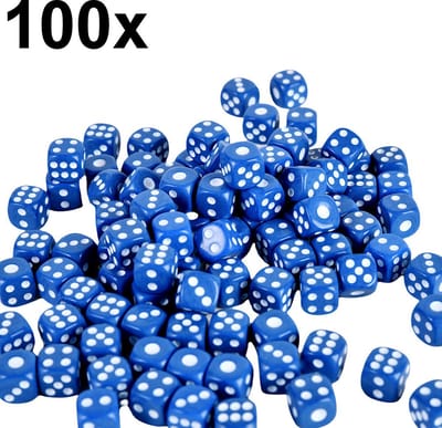 Decopatent - 100 STUKS Dobbelstenen BLAUW - Dobbelsteen - Afm 1.4 x 1.4 x 1.4 Cm - Dice - Dobbelen - Blauwe Dobbelstenenset gekleurd - Yahtzee - Bordspel - Gezelschapsspel - Voor Dobbelsteen Spelletje - Set 100 stuks - Kleur: Blauw