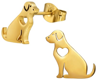 CS Joy - hond oorbellen - Chirurgisch staal - hondje met hartje oorknoppen - 10 mm - ip/pvd gold plated