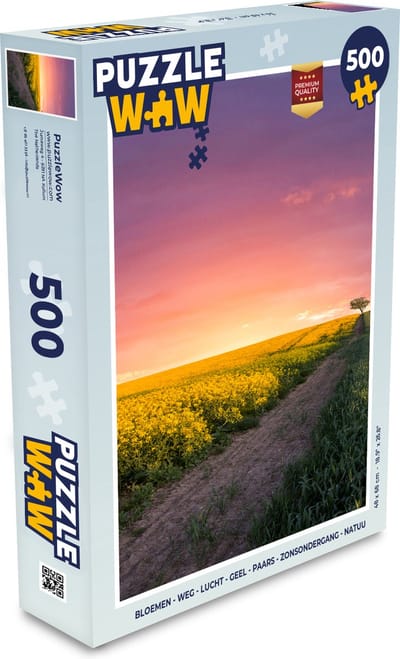 Puzzel Bloemen - Weg - Lucht - Geel - Paars - Zonsondergang - Natuur - Legpuzzel - Puzzel 500 stukjes