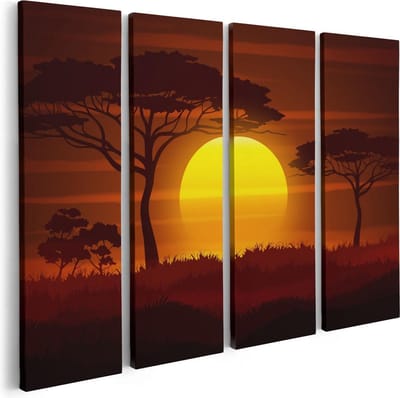 Artaza Canvas Schilderij Vierluik Zonsondergang In De Savanne - Abstract - 80x60 - Foto Op Canvas - Canvas Print